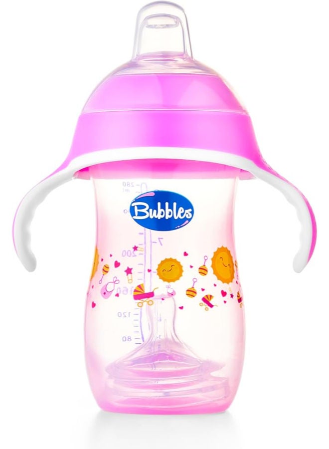 Bubbles Cup and Feeding Bottle 2 in 1 280ml Handheld with 2 Teats Cup and Natural Nipple for 6 Months Baby Feeding, Hot and Cold Drinks, Microwaveable, Pink - Rose - Image 1